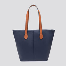 Load image into Gallery viewer,  A structured tote bag in Navy, pebbled faux leather with contrasting tan  shoulder straps, 
