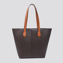 Load image into Gallery viewer, A structured tote bag in coffee chocolate brown, pebbled faux leather with contrasting tan  shoulder straps, 
