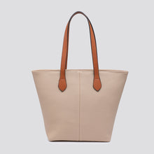 Load image into Gallery viewer, A structured tote bag in light beige sand, pebbled faux leather with contrasting tan  shoulder straps, 

