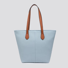 Load image into Gallery viewer, A structured tote bag in duck egg blue, pebbled faux leather with contrasting tan  shoulder straps, 
