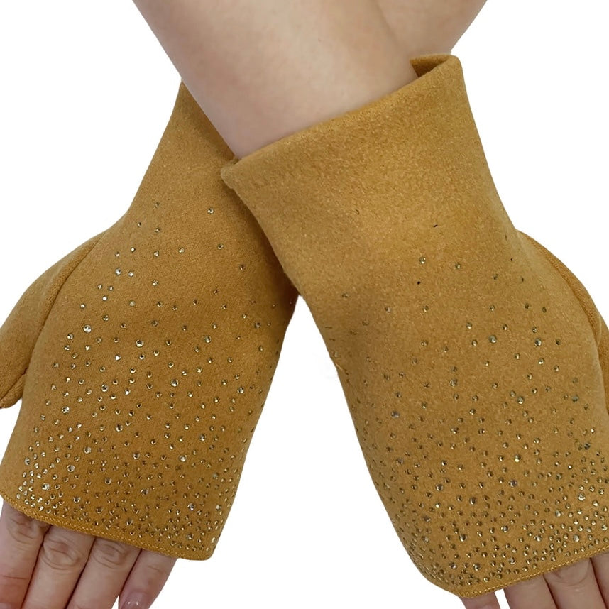 Mustard Diamante Fingerless Gloves