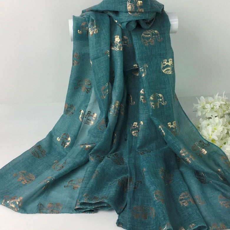 Teal Scarf With Rose Gold Elephants