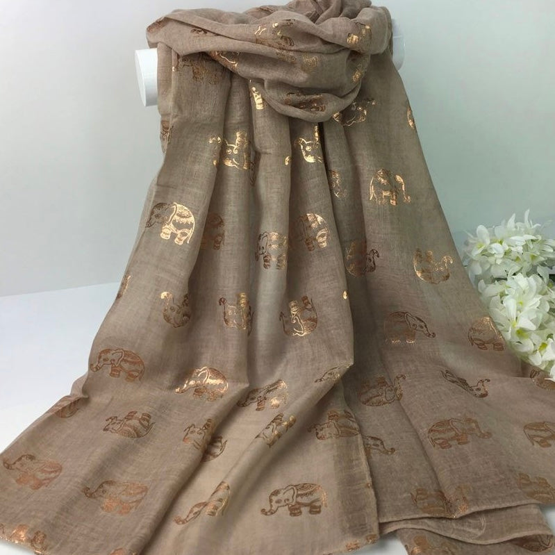Taupe Scarf With Rose Gold Elephants