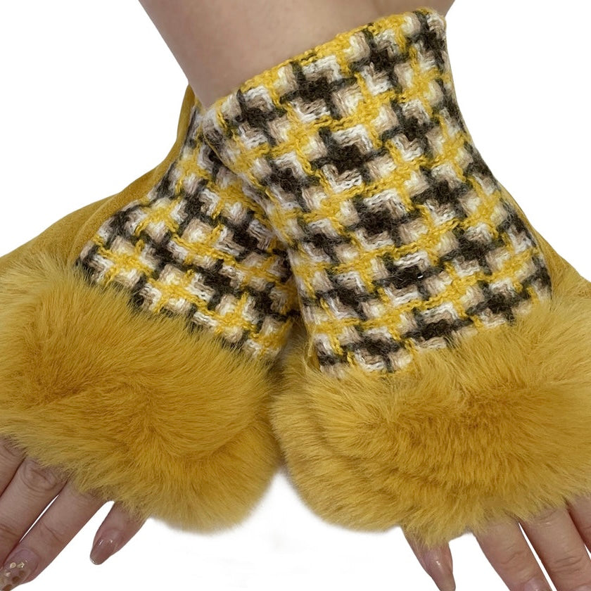 Retro Mustard Fur Trim Fingerless Gloves