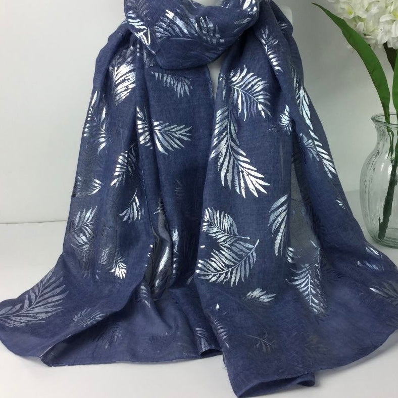 Navy Scarf With Silver Leaves