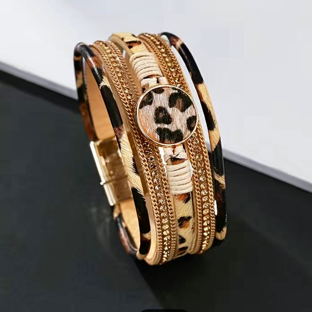 Brown Leopard Print Multi Strand Magnetic Bracelet