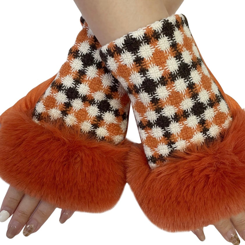 Retro Orange Fur Trim Fingerless Gloves