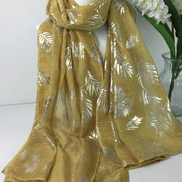 Mustard Scarf With Silver Leaves