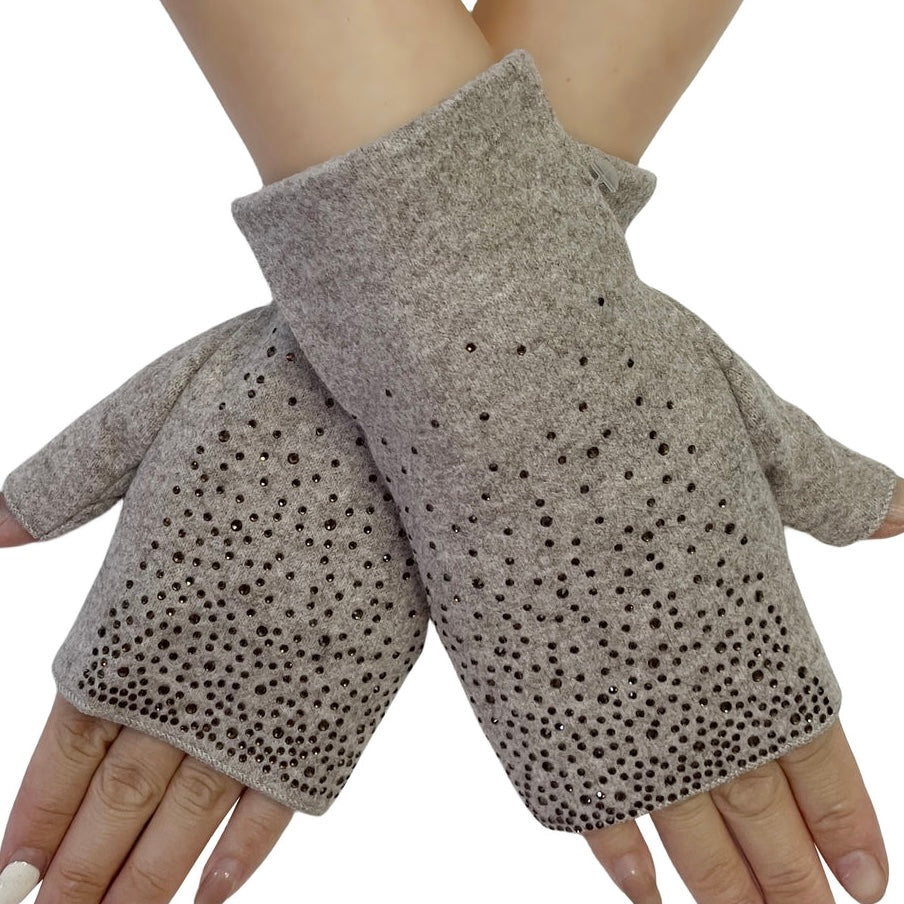 Beige Diamante Fingerless Gloves