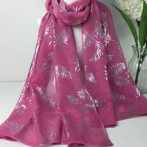 Fuschia Scarf With Silver Leaves