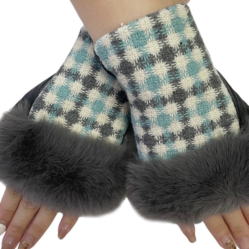 Retro Grey Fur Trim Fingerless Gloves