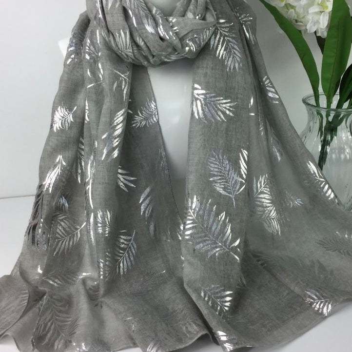 Light Grey Scarf With Silver Leaves