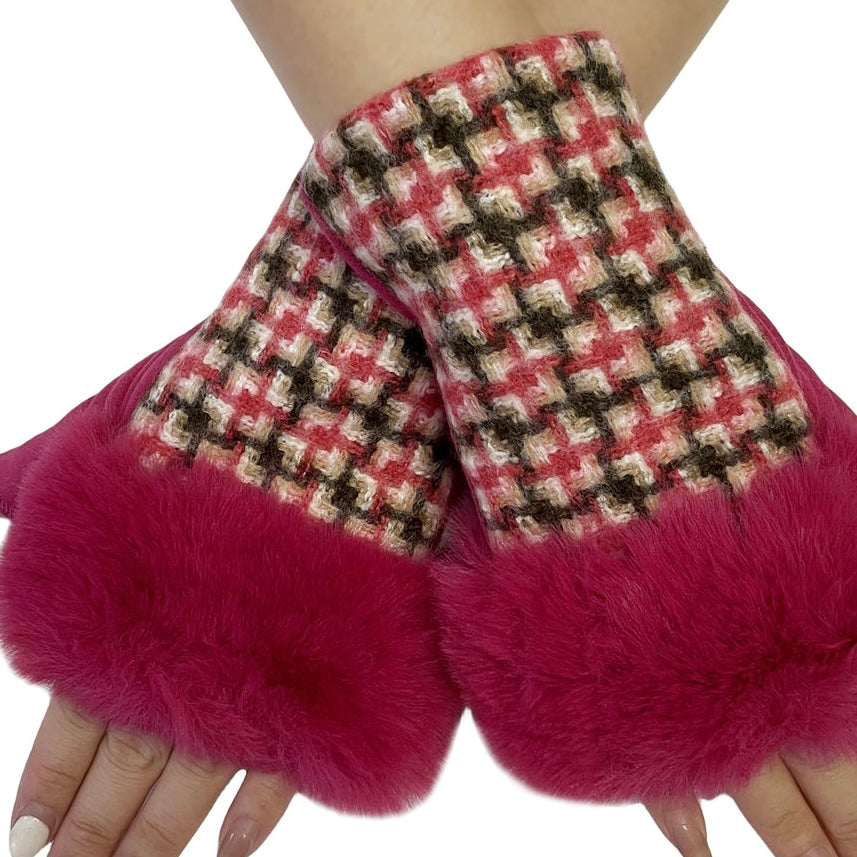 Retro Fuchsia Fur Trim Fingerless Gloves