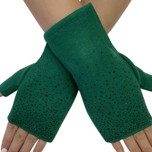 Green Diamante Fingerless Gloves