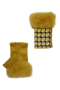 Retro Mustard Fur Trim Fingerless Gloves
